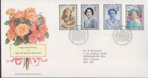 1990 ++ FDC ++ "90th BIRTHDAY OF QUEEN MOTHER" ++ C/V STAMPS AS USED R100 ++ SEE SCAN BELOW