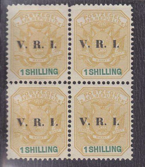 1900 ++ "V.R.I." OVPT ++ 1s OCHRE & GREEN ++ BLOCK OF 4 ++ MNH ++ C/V R440 ++ SACC 239