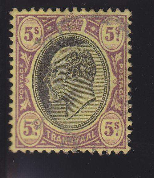 1902-03 ++ KE VII ++ 5s BLACK & PURPLE ON YELLOW (CROWN CA) ++ FU ++ C/V R1000 ++ SACC 260