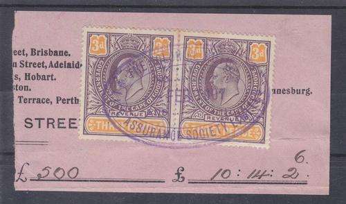 REVENUE ++ KE VII ++ 1903 ++ 3d x 2 LILAC & ORANGE ++ FU ON PIECE - SEE BELOW ++ BT 146