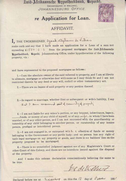 AFFIDAVIT ++ "ZUID-AFRIKAANSCHE HYPOTEEKBANK" - APPLICATION FOR LOAN ++ KG V 1s ++ SEE BELOW