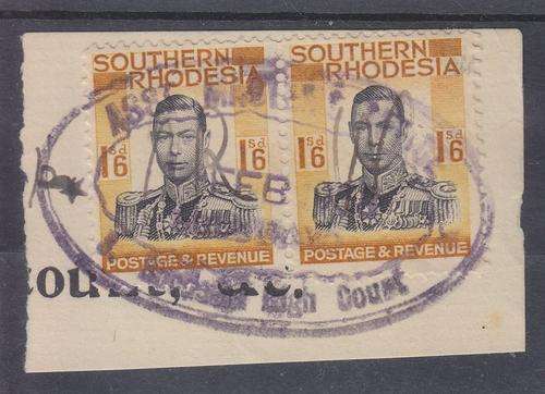 SOUTHERN RHOD ++ REVENUE USED ++ KG VI ++ 1/6 PAIR POSTAGE STAMP ON PIECE ++ C/V POSTAL R120 ++ SEE