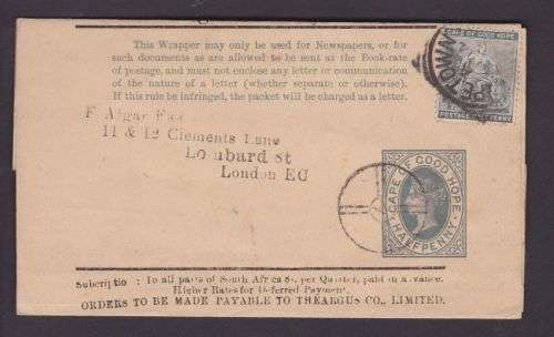 NEWSPAPER WRAPPER - THE ARGUS ++ QV - HALF PENNY GREEN & 1/2d ++ FU - CAPE TOWN TO LONDON + SEE BELO