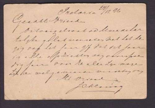 BRIEFKAART ++ 1896 ++ POSTED "PRETORIA TO CAPETOWN" ++ FU ++ SEE SCANS BELOW