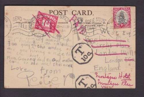 POST CARD - ATHLONE CASTLE ++ 1938 ++ POSTED "CAPE TOWN TO LONDON" ++ TAXED - 1d POSTAGE DUE ++ SEE