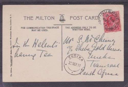 POST CARD ++ 1911 ++ INCOMMING ++ "SHEBE GOLD MINE - EUREKA FROM INVERNESS" ++ SEE BELOW