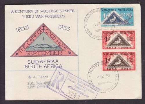 FDC ++ 1953 ++ "CENT OF 1st ISSUE CAPE TRIANGULAR" ++ SEE SCAN & PMK BELOW
