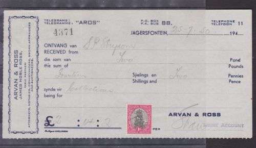RECEIPT ++ 1950 ++ "ARVAN & ROSS - JAGERSFONTEIN" ++ 1d USED AS REVENUE ++ SEE SCAN BELOW