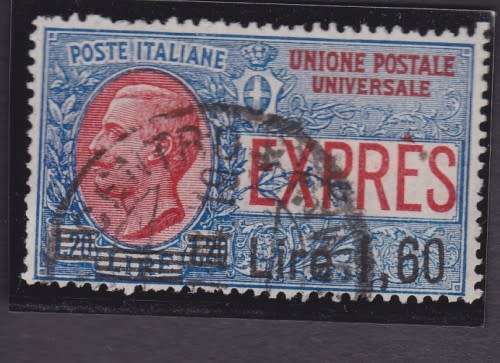 ITALY  1921  `EXPRESS STAMP`  SURCHARGE L1.6 ON L1.20 BLUE and PINK  FU  C/V R1300 + SG E173