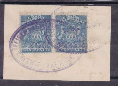 BSAC ++ REVENUE USE ++ 1892 ++ 6d BLUE PAIR ON PIECE (MASHONALAND) ++ FU ++ SG 2