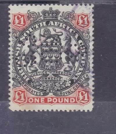 BSAC, 1897, ADD DEF ISSUE, £1 BLACK AND RED-BROWN, FIS USED - PREFIN, SACC 65