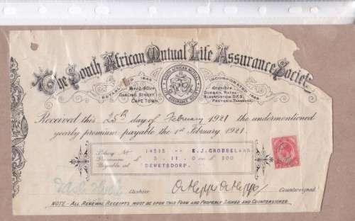 RECEIPT, 1921, `THE SOUTH AFRICAN MUTUAL LIFE ASSURANCE SOCIETY`, SEE SCAN BELOW