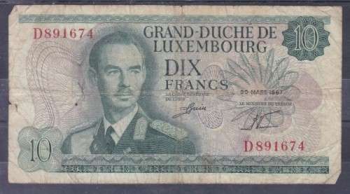 LUXEMBOURG, BANK NOTE, 1967 - 10 - DIX FRANCS, FU, SEE SCANS BELOW