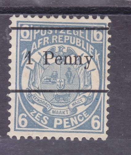 ZAR, 1883, `SURCHARGE`. 1 PENNY ON 6d BLUE, MH, SACC 202