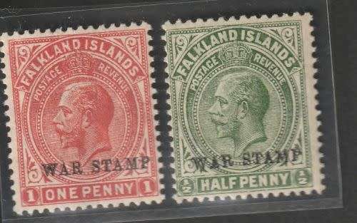 FALKLAND ISLANDS, 1918, OVPT.`WAR STAMP` SET OF 2, MNH(**), SG 70/1