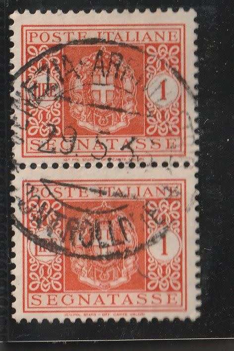 ITALY, 1934, POSTAGE DUE- WITH FASCIST EMBLEMS, 1l ORANGE, VERT. PAIR USED, SG D403