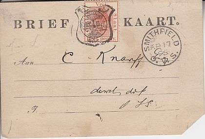 1895 ++ BRIEF KAART ++ POSTED SMITHFIELD ++ TRANSIT PMK ROUXVILLE ++ ARR DEWETSDORP PMK (SEE BELOW)