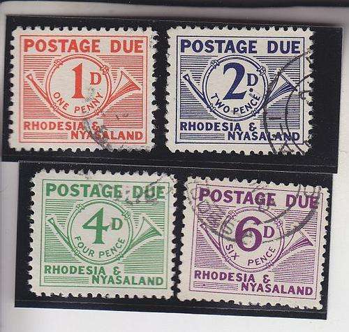 RHODESIA & NYASALAND ++ 1961 ++ POSTAGE DUE ++ SET OF 4 ++ VFU ++ C/V R480 ++ SACC 3-6