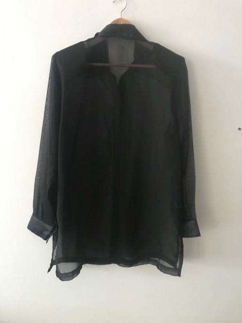 Black sheer button up top with shoulderpads SIZE 38/14