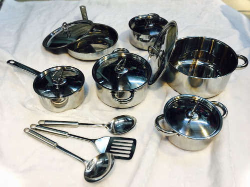 SET OF 15 PIECES KITCHEN UTENSIL ,STAINLESS STEEL HEAVY BOTTOM COOKWARE SET WITH STAINLESS LID