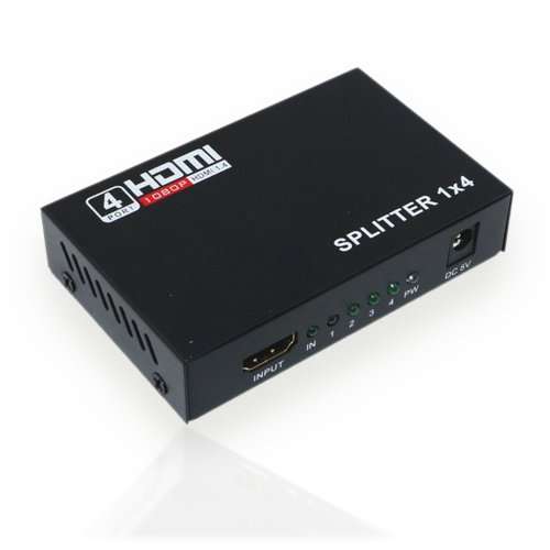 HDMI Splitter 4 In 1 out with Power Adapter- Powered HDMI Splitter for Full HD 1080P Support 3D