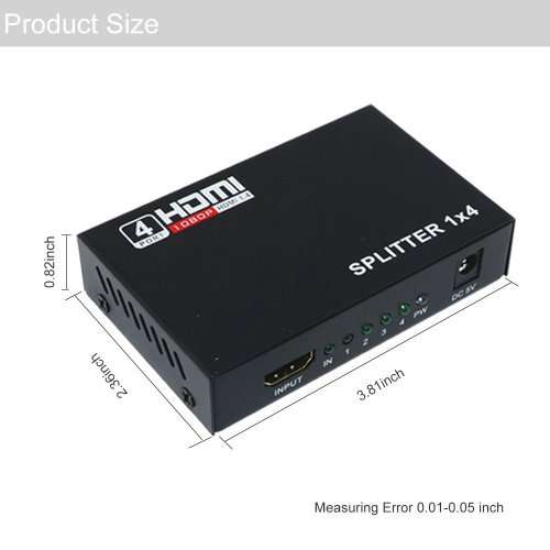 HDMI Splitter 4 In 1 out with Power Adapter- Powered HDMI Splitter for Full HD 1080P Support 3D