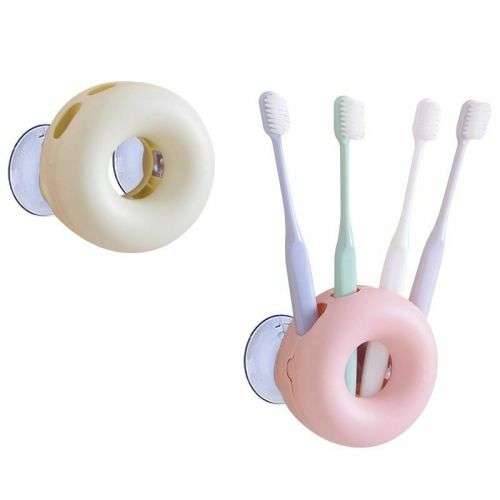 Stick On Bathroom Toothbrush Holder Doughnut Shaped Stand & Cup