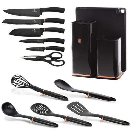 Berlinger Haus Knife Set With Stand And Kitchen Tools - Black Rose