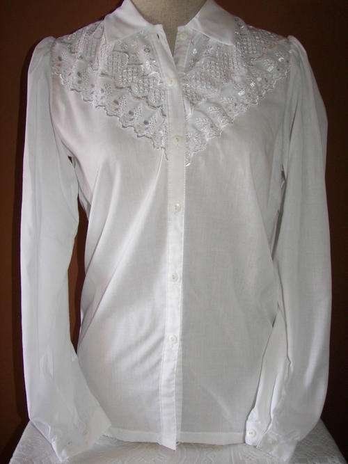 VINTAGE WHITE LACE ANGLAISE FRENCH IMPORTED COTTON LONG SLEEVE SHIRT SIZE 32