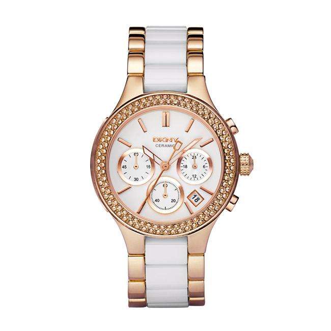 **R4899.99** DKNY Women's Chronograph Rose Gold-Tone and White Ceramic Bracelet - NY8183