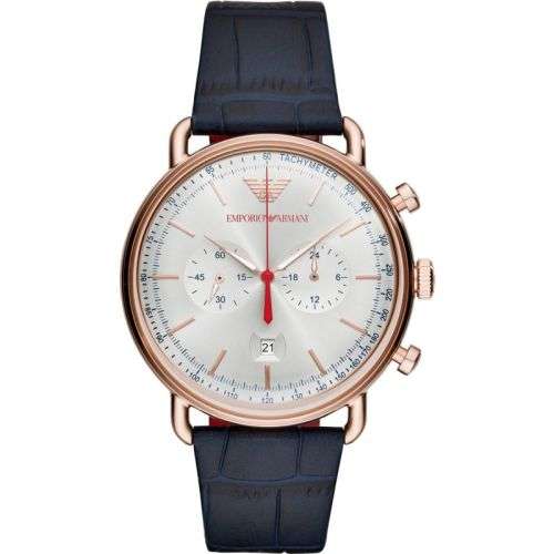 EMPORIO ARMANI Aviator Rose Gold Blue Leather Watch AR11123