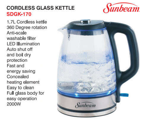 Sunbeam SDGK-170 1.7L Designer Glass Cordless Kettle