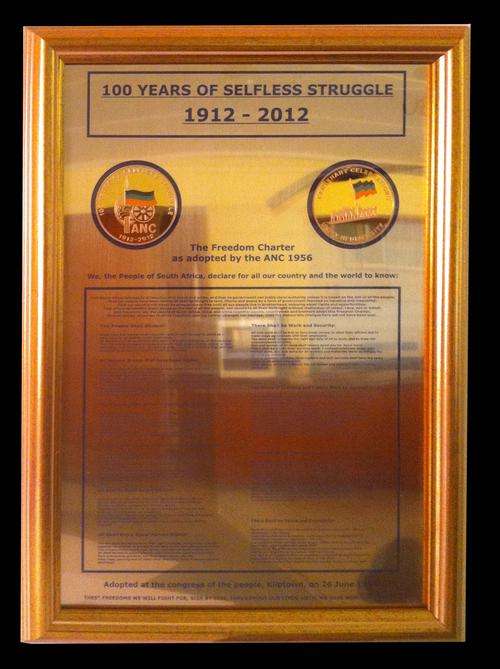 ANC Freedom Charter 1955 small 350mmx250mm with two replica gold plated Medallions
