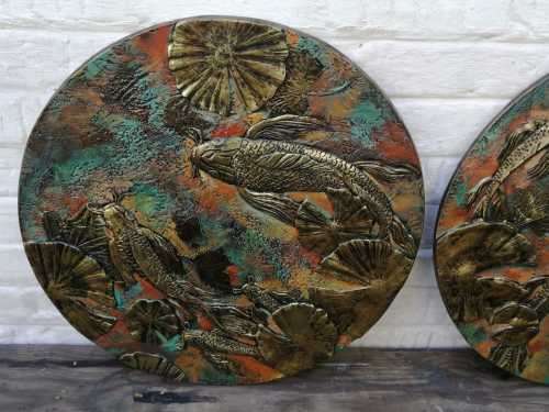 Koi Fish Relief Wall Art Garden Plaques - Bronze Finish - Set Of 2 - Weatherproof