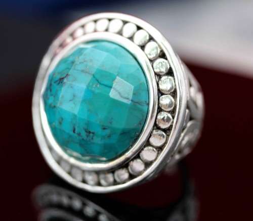LARGE FACETED NATURAL TURQUOISE STERLING SILVER RING BROAD DECORATIVE SHANK 10,3g