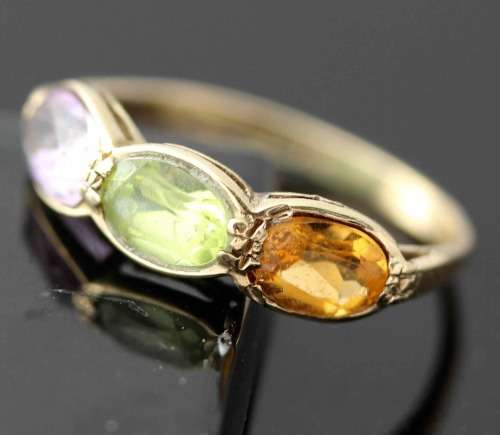 BEAUTIFUL PERIDOT, AMETHYST AND CITRINE RING 9ct YELLOW GOLD. SHEFFIELD ASSAY!