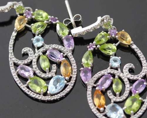 DELICATE INTRICATE FLORAL DESIGN STERLING SILVER EARRINGS. 44mm! AMETHYST, TOPAZ, CITRINE, PERIDOT