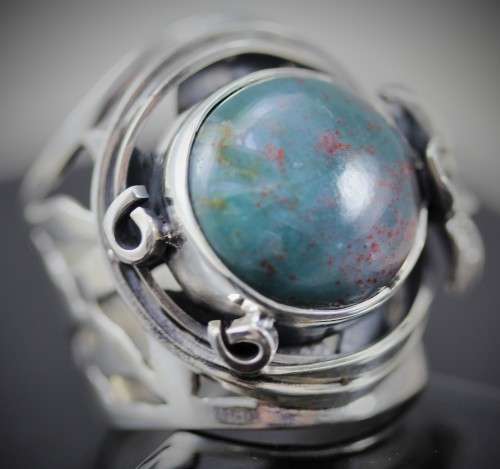 SPECTACULAR BLOODSTONE STERLING SILVER 925 RING. HEAVY 9,72g! HANDCRAFTED - DETAILED HIBISCUS FLOWER
