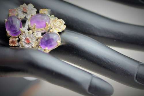 UNUSUAL HAND-CRAFTED LARGE AMETHYST, GARNET AND SAPPHIRE STERLING SILVER RING