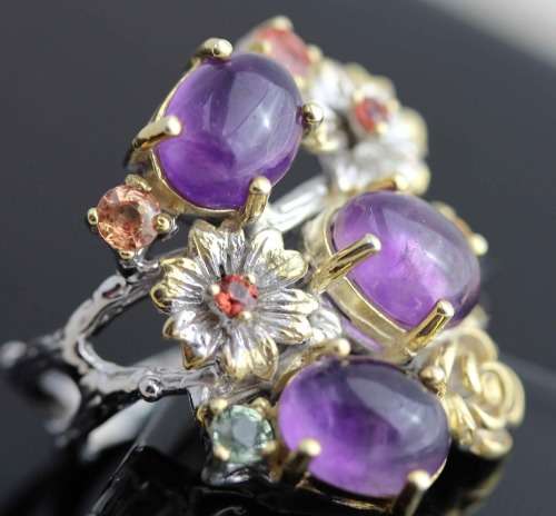 UNUSUAL HAND-CRAFTED LARGE AMETHYST, GARNET AND SAPPHIRE STERLING SILVER RING