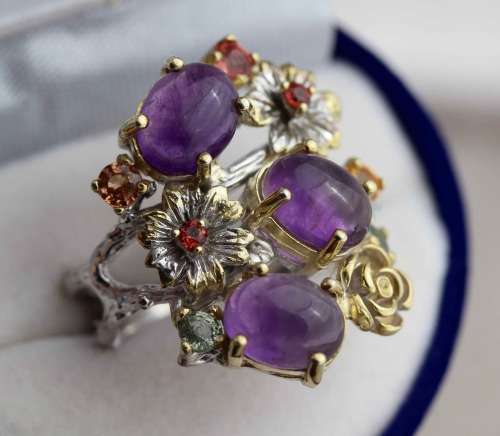 UNUSUAL HAND-CRAFTED LARGE AMETHYST, GARNET AND SAPPHIRE STERLING SILVER RING
