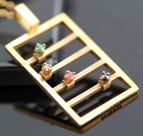 9CT YELLOW GOLD ABACUS PENDANT WITH DIAMOND, TOURMALINE, QUARTZ AND SPINEL GEMSTONES. QUIRKY!