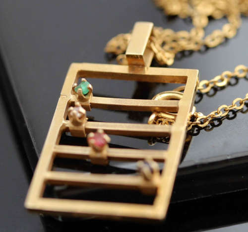 9CT YELLOW GOLD ABACUS PENDANT WITH DIAMOND, TOURMALINE, QUARTZ AND SPINEL GEMSTONES. QUIRKY!