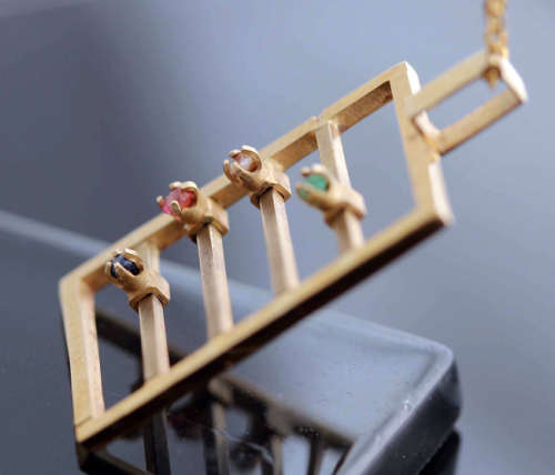 9CT YELLOW GOLD ABACUS PENDANT WITH DIAMOND, TOURMALINE, QUARTZ AND SPINEL GEMSTONES. QUIRKY!