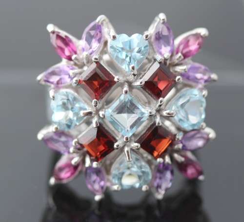 SPECTACULAR LARGE SQUARE MULTIPLE GEMSTONE STERLING SILVER RING. 925