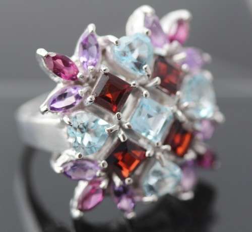 SPECTACULAR LARGE SQUARE MULTIPLE GEMSTONE STERLING SILVER RING. 925