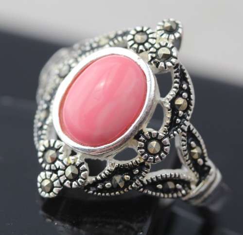 FABULOUS MARSALA MARCASITE AND PINK JASPER GEMSTONE STERLING SILVER RING. 925