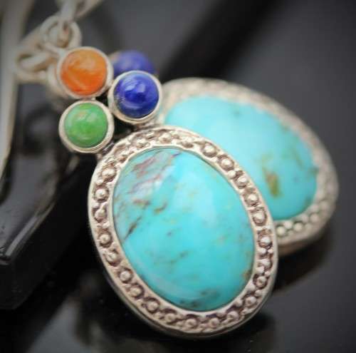 BEAUTIFUL FEMININE TURQUOISE, LAPIS LAZULI AND CORAL STERLING SILVER 925 EARRINGS REAL GEMSTONES