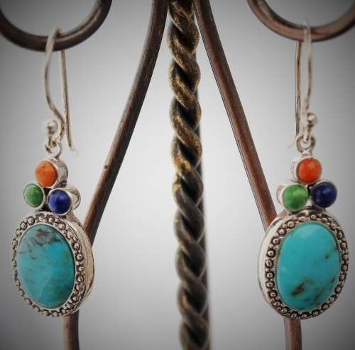 BEAUTIFUL FEMININE TURQUOISE, LAPIS LAZULI AND CORAL STERLING SILVER 925 EARRINGS REAL GEMSTONES