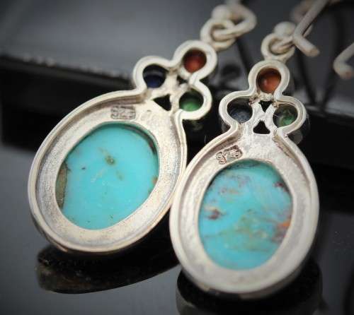 BEAUTIFUL FEMININE TURQUOISE, LAPIS LAZULI AND CORAL STERLING SILVER 925 EARRINGS REAL GEMSTONES